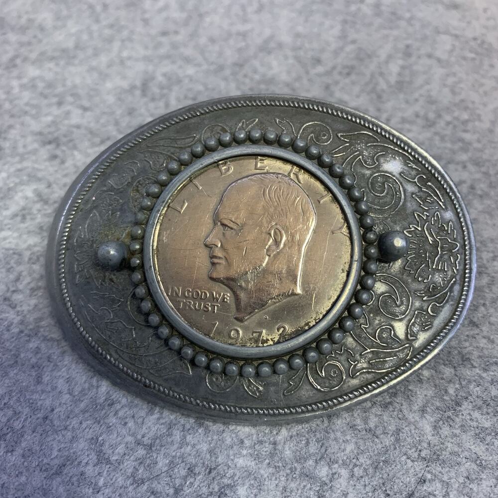 1972-D Eisenhower Silver Dollar Coin Vintage Western Belt Buckle, 3.25” X 2.5”